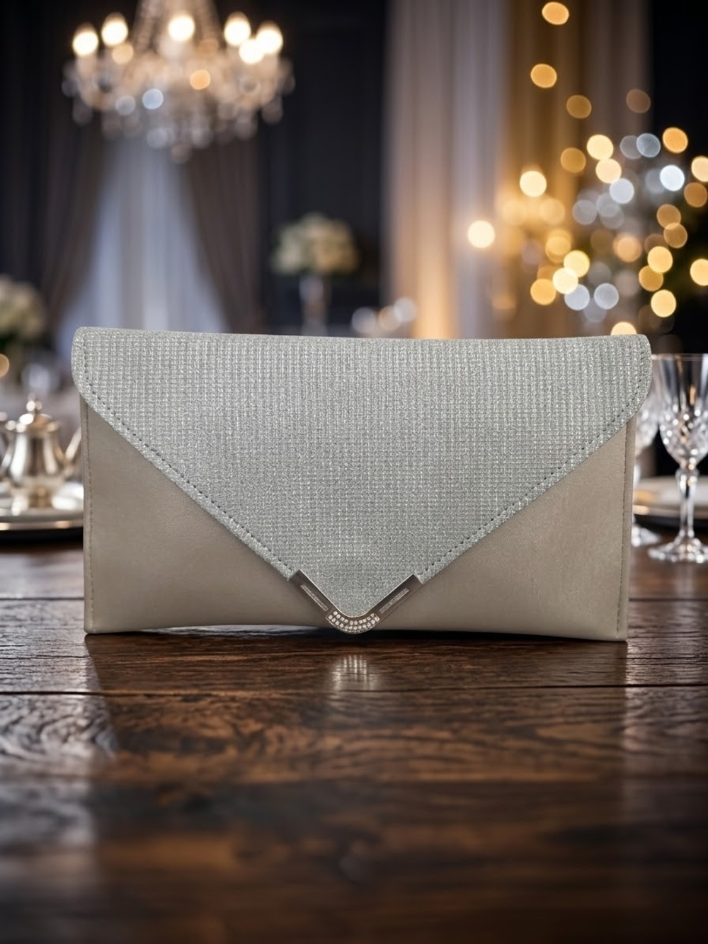 Champagne & Silver Glitter Envelope Evening Clutch – Rhinestone Accent (Flaw)